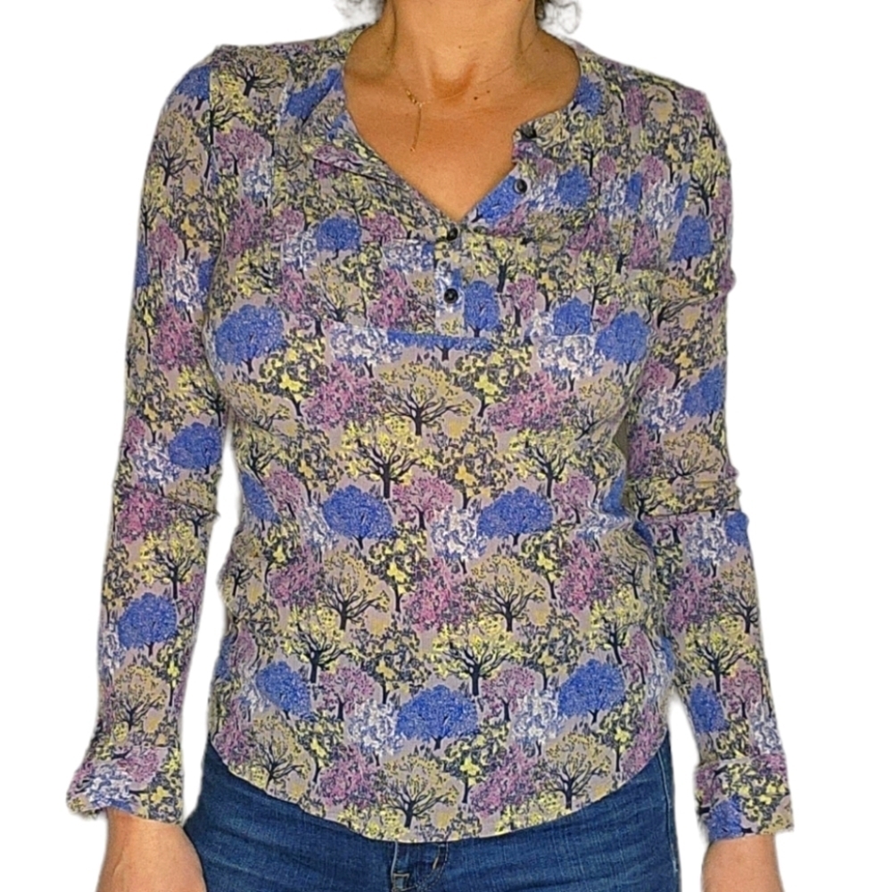 Boden Multicolor Tree-Print Button Henley Blouse